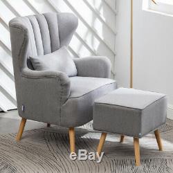 Linen Fabric Wingback Armchair Upholstered Fireside Sofa Chair with Footstool