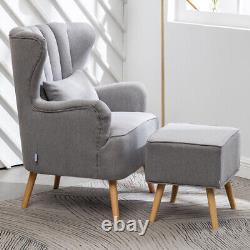 Linen Fabric Wingback Armchair Upholstered Fireside Sofa Chair with Footstool