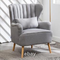 Linen Fabric Wingback Armchair Upholstered Fireside Sofa Chair with Footstool