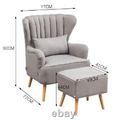 Linen Fabric Wingback Armchair Upholstered Fireside Sofa Chair with Footstool