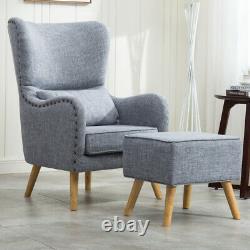 Linen Upholstered Lounge Chair Wing Back Armchair & Footstool Set Fireside Sofa