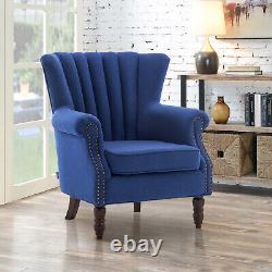 Linen Upholstered Rolled Fireside Armchair Oyster Wing Back Nailhed Sofa Chair