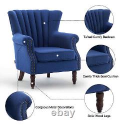 Linen Upholstered Rolled Fireside Armchair Oyster Wing Back Nailhed Sofa Chair