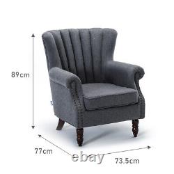 Linen/Velvet Armchair Occasional Accent Chair Studded Scallop Back Fireside Seat