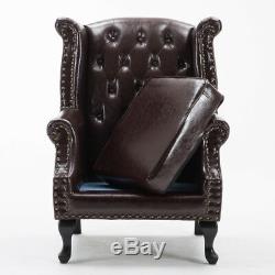 Luxury Chesterfield Queen Anne Wing Back Armchair Leather Fireside Chair+Cushion
