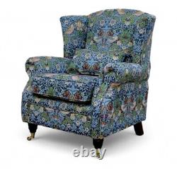 Luxury New Wing Armchair Fireside High Back William Morris Indigo Blue Classic