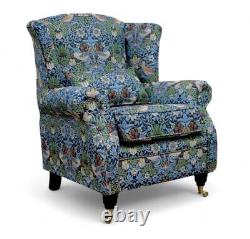 Luxury New Wing Armchair Fireside High Back William Morris Indigo Blue Classic