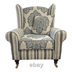 Luxury Queen Anne Wing Back Cottage Fireside Chair Blue Flower & Stripe Fabric
