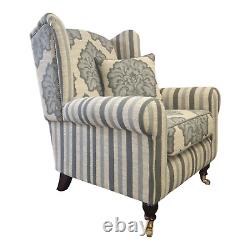 Luxury Queen Anne Wing Back Cottage Fireside Chair Blue Flower & Stripe Fabric