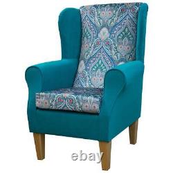 Medallion Blue Velvet Wingback Armchair Fireside Handmade in Paisley Fabric