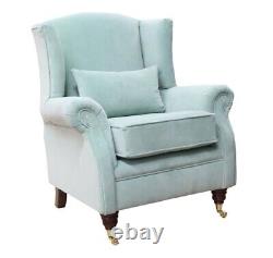 Medici Celadon Blue Fireside Queen Anne High Back Wing Chair Velvet Armchair