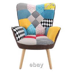 Modern Patchwork Fabric Armchair & Footstool Suite Buttoned Back Fireside Chair