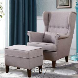 Modern Wingback Button Fireside Accent Chair with Footstool Matching Pair Taupe