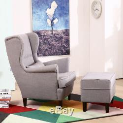 Modern Wingback Button Fireside Accent Chair with Footstool Matching Pair Taupe