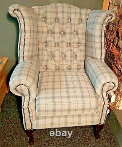 NEW Chesterfield Wing Back Queen Anne Fireside Chair Stylish Grey Tartan Pattern