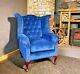 New Chesterfield Wing Back Queen Anne Fireside Chair In Royal Blue Velvet