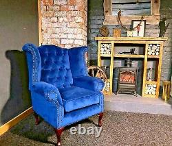 NEW Chesterfield Wing Back Queen Anne Fireside Chair in Royal Blue Velvet