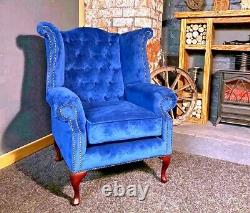 NEW Chesterfield Wing Back Queen Anne Fireside Chair in Royal Blue Velvet
