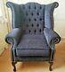 New Chesterfield Wingback Queen Anne Fireside Chair Dark Grey/blue Pure Wool
