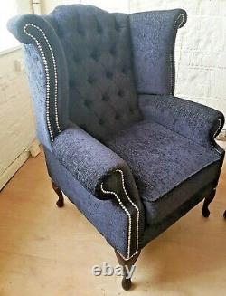 NEW Chesterfield Wingback Queen Anne Fireside Chair Dark Grey/Blue Pure Wool