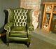 New Green Italian Leather Chesterfield Wingback Queen Anne Style Fireside Chair