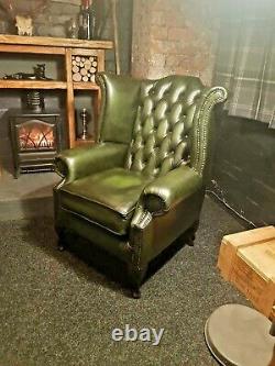 NEW Green Italian Leather Chesterfield Wingback Queen Anne Style Fireside Chair