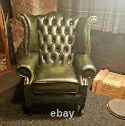 NEW Green Italian Leather Chesterfield Wingback Queen Anne Style Fireside Chair