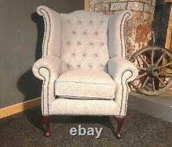 NEW Grey Chesterfield Wingback Queen Anne Style Fireside Chair Pure Wool