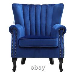 Navy Blue Velvet Queen Anne Chairs Scalloped Wing Back Fireside Accent Armchair