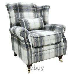 New Fireside Wing Chair Balmoral Charcoal Grey Check Fabric Armchair Handmade