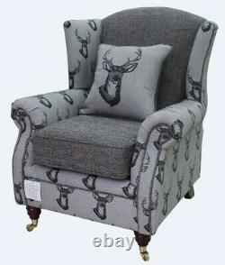 New Handmade Fireside Wing Chair Antler Stag Charcoal Grey Armchair