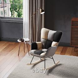 Nordic Patchwork Fabric Upholstered Recliner Rocking Chair Wing Back Armchair