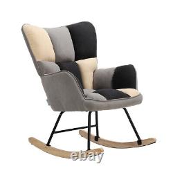 Nordic Patchwork Fabric Upholstered Recliner Rocking Chair Wing Back Armchair