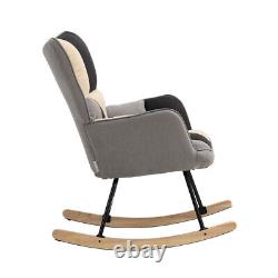 Nordic Patchwork Fabric Upholstered Recliner Rocking Chair Wing Back Armchair