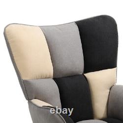 Nordic Patchwork Fabric Upholstered Recliner Rocking Chair Wing Back Armchair