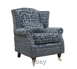 OFFER! Accent Wing Chair Fireside Cottage Geometric Grey Fabric