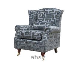 OFFER! Accent Wing Chair Fireside Cottage Geometric Grey Fabric