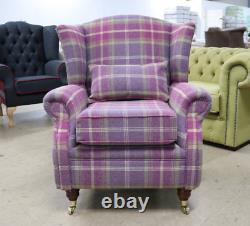 Oberon Amethyst Purple Check High Back Wing Chair Fireside Checked Tartan Fabric