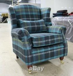 Oberon Azure Blue Check High Back Wing Chair Fireside Checked Tartan Fabric