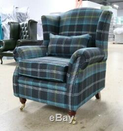 Oberon Azure Blue Check High Back Wing Chair Fireside Checked Tartan Fabric