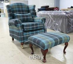 Oberon Azure Blue Check High Back Wing Chair + Footstool Fireside Tartan Fabric
