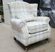 Oberon Beige Cream Check High Back Wing Chair Fireside Checked Tartan Fabric