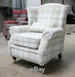 Oberon Beige Cream Check High Back Wing Chair Fireside Checked Tartan Fabric