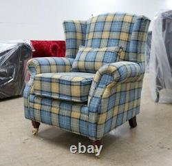 Oberon Blue Check High Back Wing Chair Fireside Checked Tartan Fabric