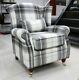 Oberon Charcoal Grey/beige Check High Back Wing Chair Fireside Checked Tartan