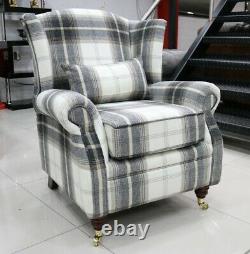Oberon Charcoal Grey/beige Check High Back Wing Chair Fireside Checked Tartan