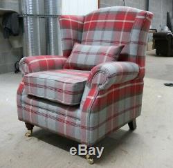 Oberon Cherry Red Check High Back Wing Chair Fireside Checked Tartan Fabric