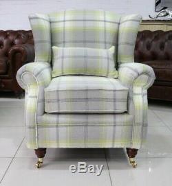 Oberon Citrus Green Check High Back Wing Chair Fireside Checked Tartan Fabric