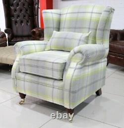 Oberon Citrus Green Check High Back Wing Chair Fireside Checked Tartan Fabric