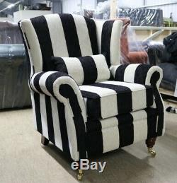 Oberon Cottage Fireside High Back Wing Chair Harrison Stripe Black Fabric